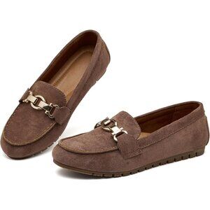 Womens Brown-velvet Faux Suede Slip On Comfort Chunky Heel Lug Sole Loafers